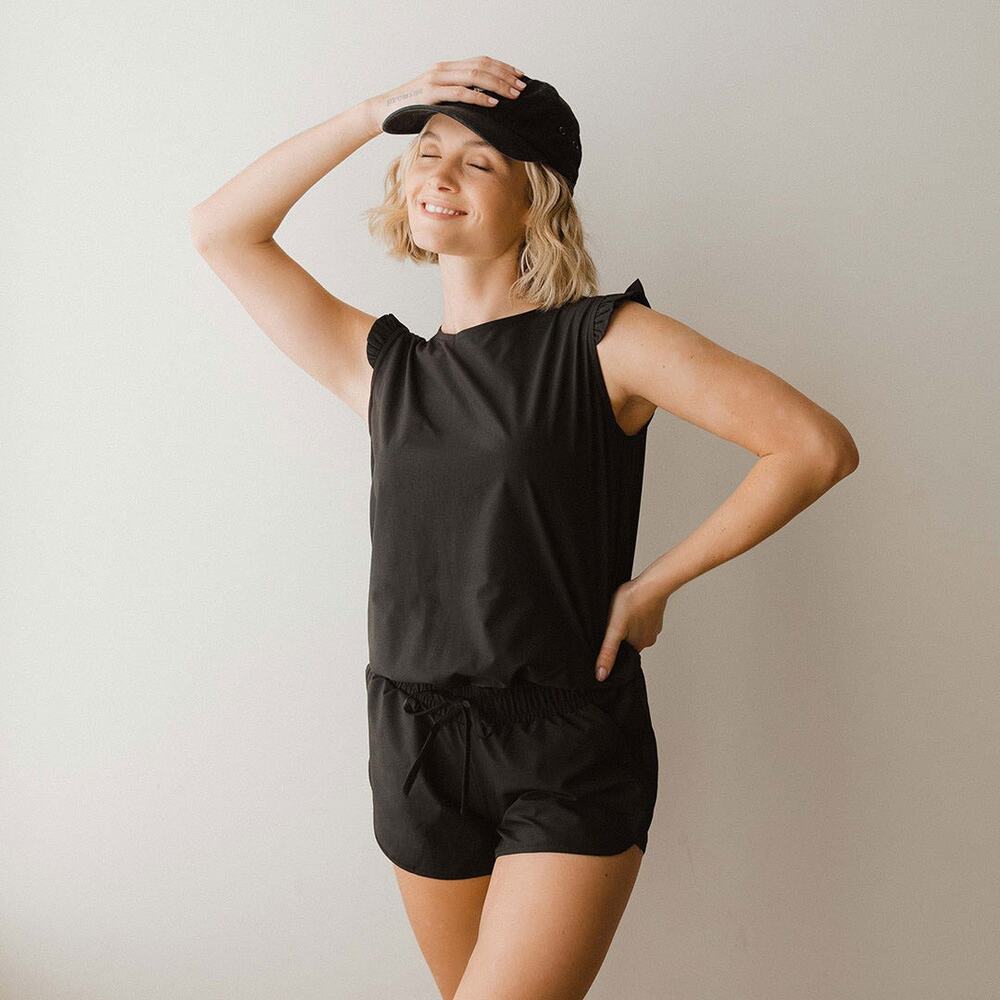 Albion Fit Black Ruffle Sleeve Romper Size L Sporty Athleisure Pockets Outdoor